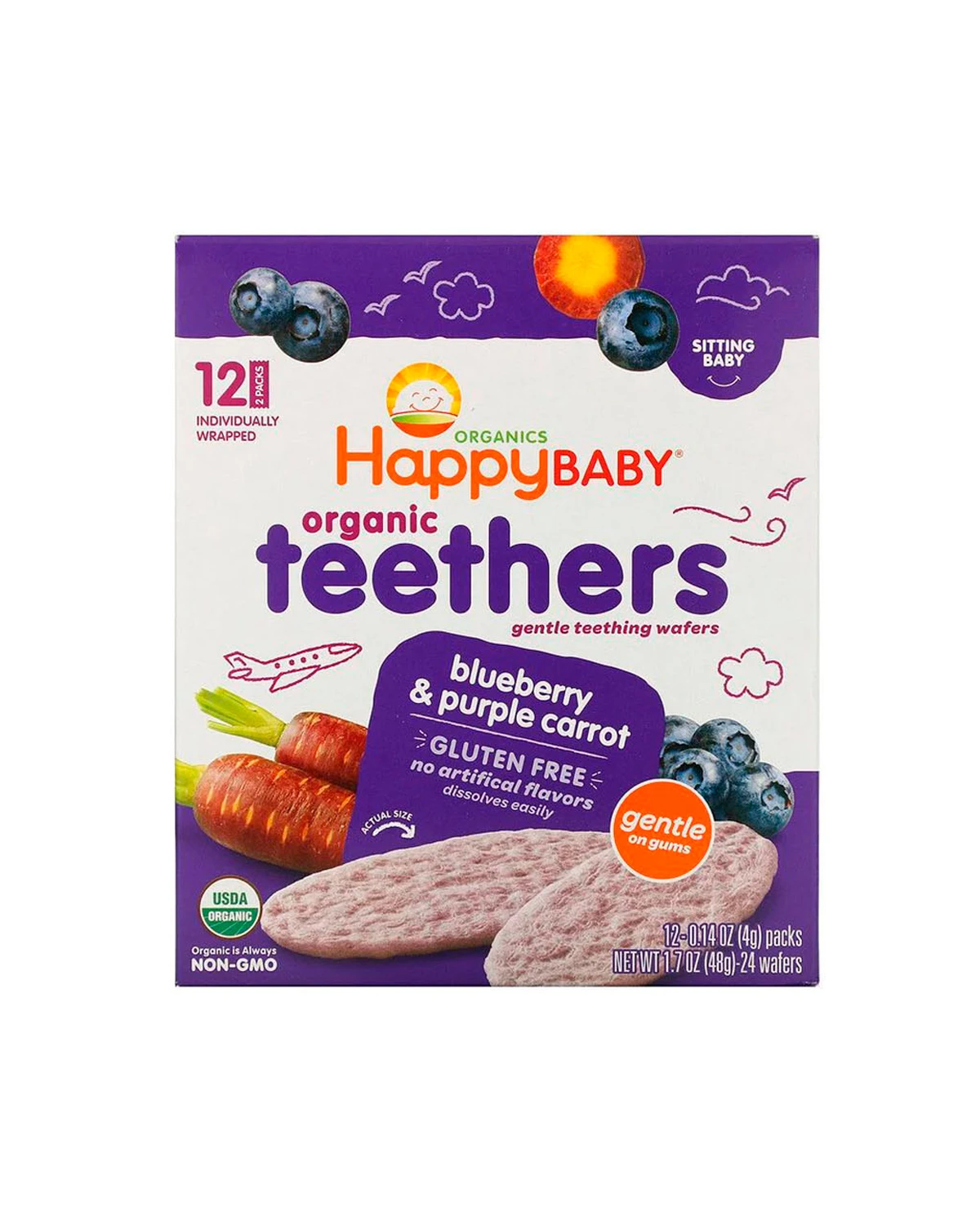 Печиво для прорізування зубів лохина та морква | 12 пакетиків x 4 г Happy Family Organics 20201399