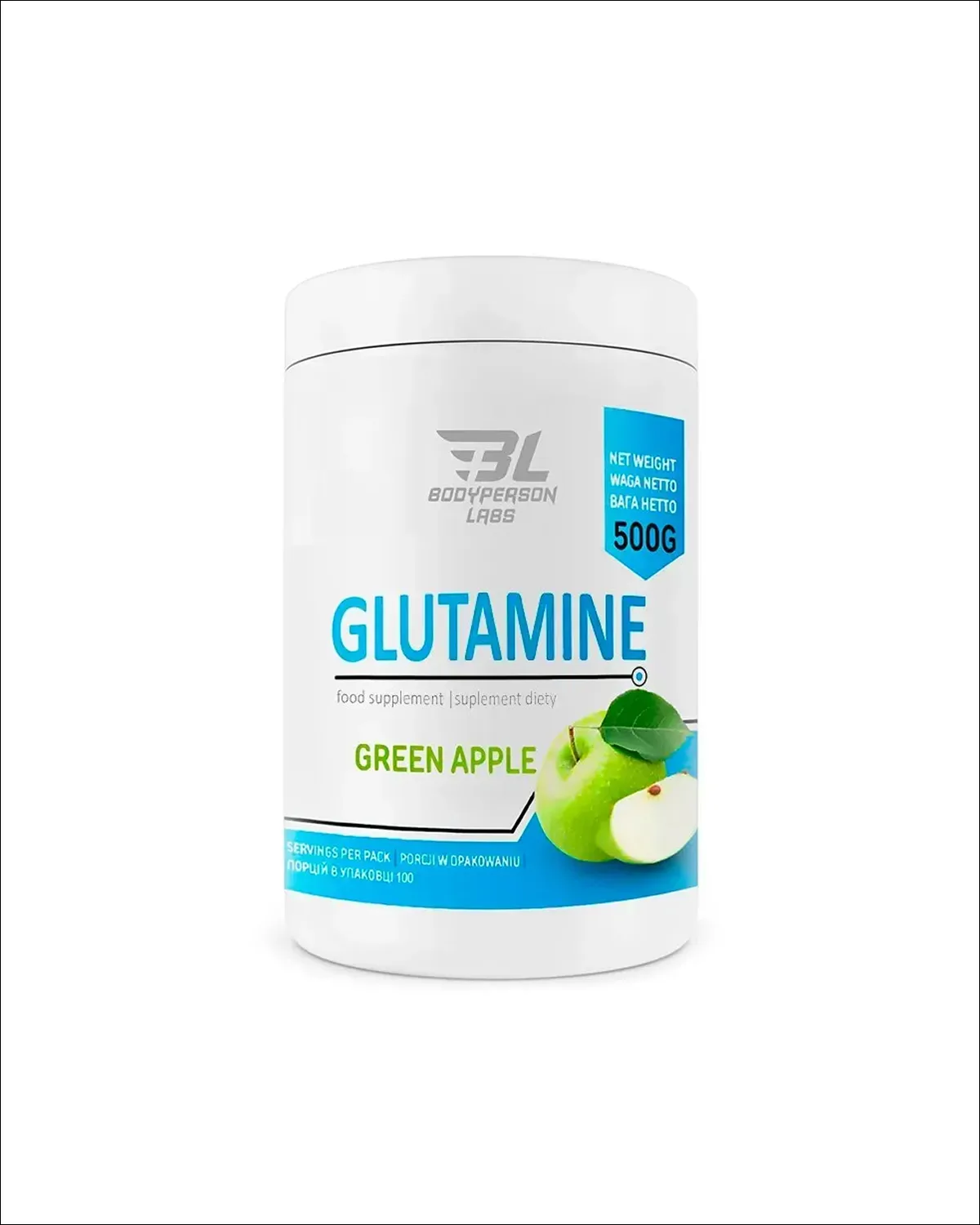 Glutamine, L-глютамин с таурином и витамином B6, порошок, яблоко, 500 г Bodyperson Labs 20400585