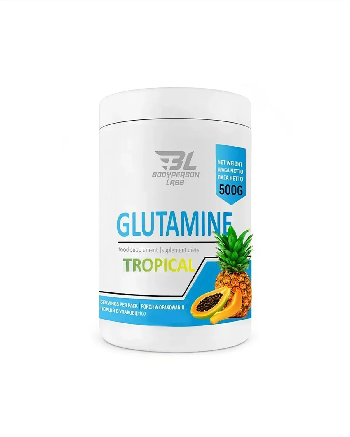 Glutamine, L-глютамин с таурином и витамином B6, порошок, тропический вкус, 500 г Bodyperson Labs 20400586