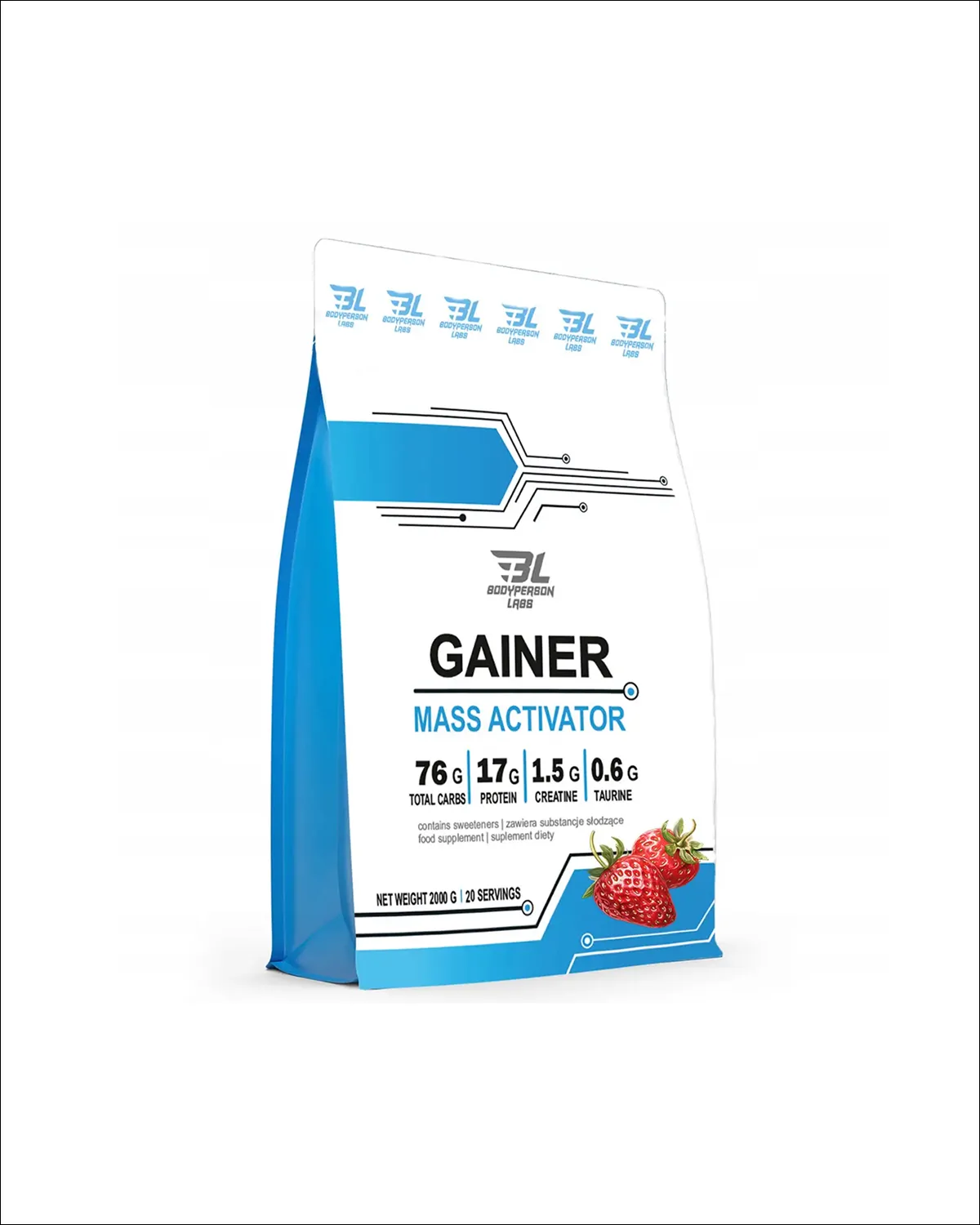 Гейнер белково-углеводный комплекс с креатином и таурином клубника, 2000 г Bodyperson Labs 20400603
